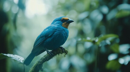 Obraz premium A vibrant blue bird with a yellow head perches on a branch in a lush green forest.