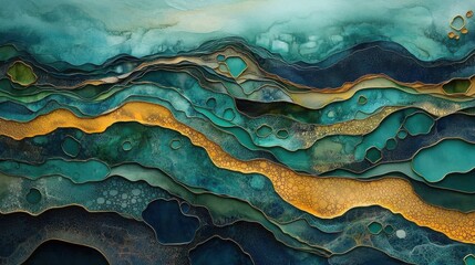 Obraz premium River delta with hexagonal patches, in shades of teal, olive, and dark green