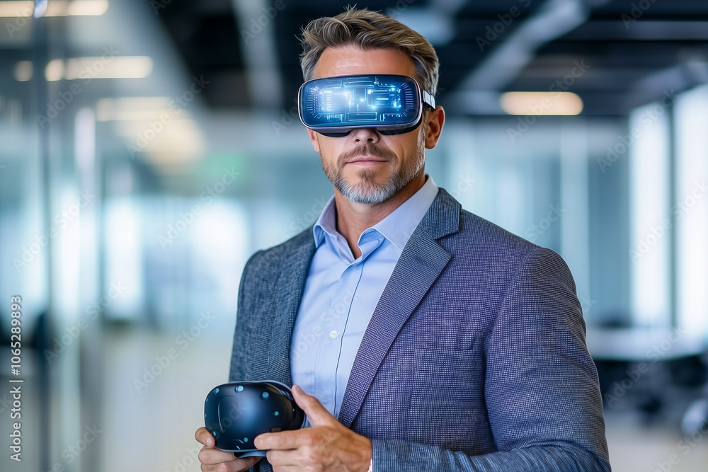 Poster a man in formal attire explores virtual reality with a headset and controller in a contemporary work