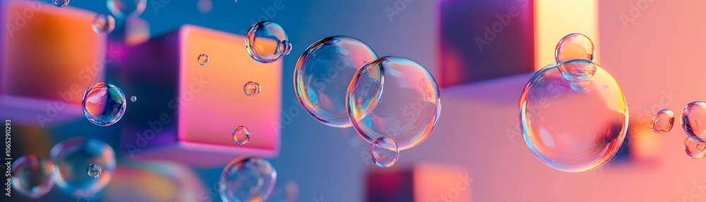 Poster multicolored bubbles floating against a gradient background