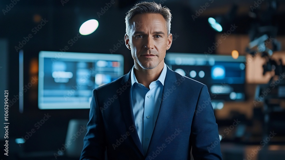 Poster A confident businessman in a suit standing in front of a control room with multiple screens displaying data.