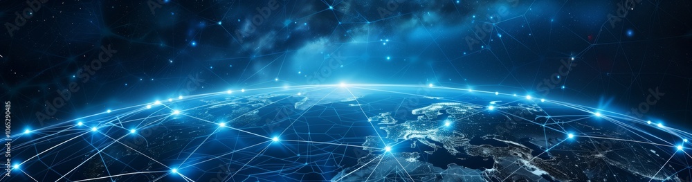 Aufkleber The digitally enhanced image of Earth from space features interconnected lines representing global communication networks under a starry sky, creating a futuristic and innovative scene