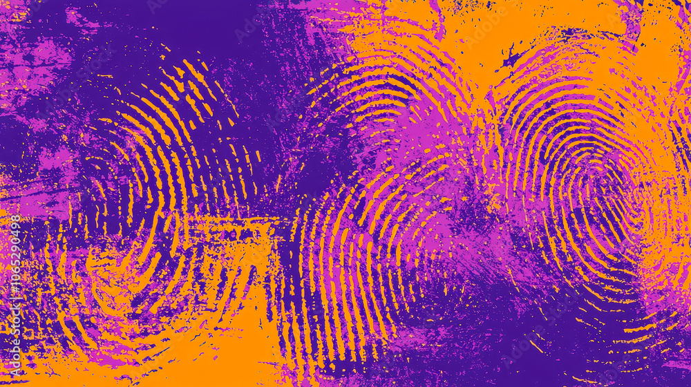 Poster Colorful abstract design featuring intricate fingerprint patterns overlaid on a bold purple and orange backdrop, creating a dynamic visual effect