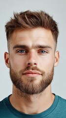 Obraz premium A man with a beard and a blue shirt