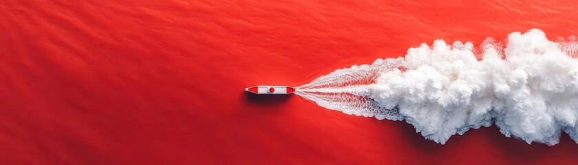 Aerial view of a boat leaving a white trail of foam on a red water surface.