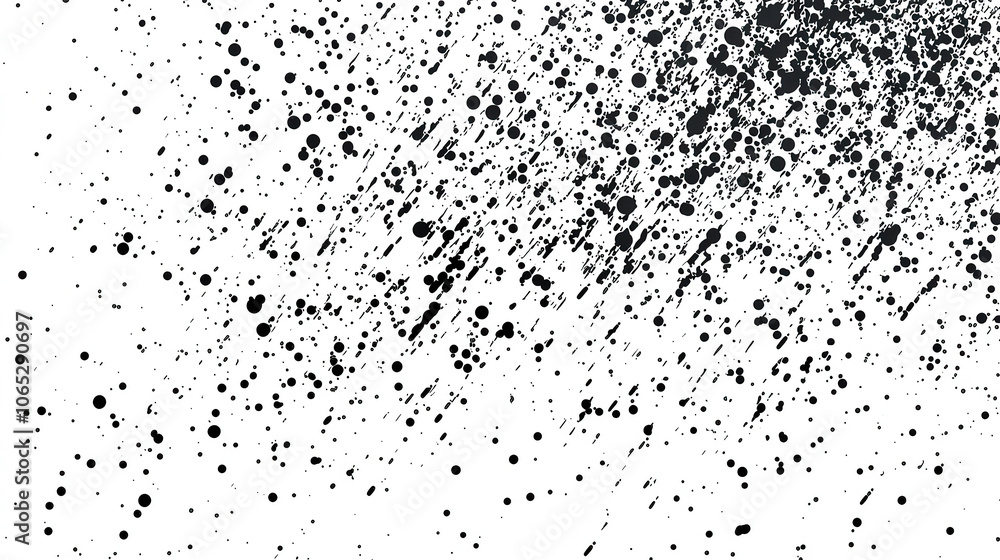 Poster black paint drops scatter across a white surface, forming a lively abstract design that exhibits mov