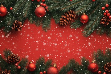 Christmas background with red color and pine branches