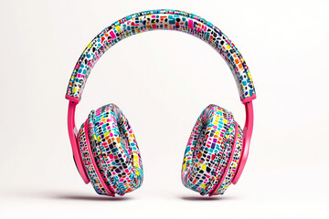 A pair of vibrant, abstract-patterned headphones rests on a white surface, highlighting their unique design and colorful aesthetic, ideal for music lovers