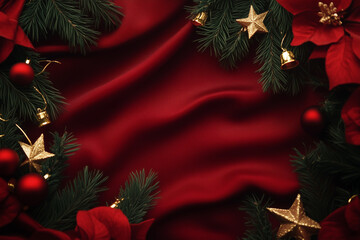 Christmas background with red color and pine branches, ornaments, snowflakes, and pinecones on the edges. Flat lay, top view