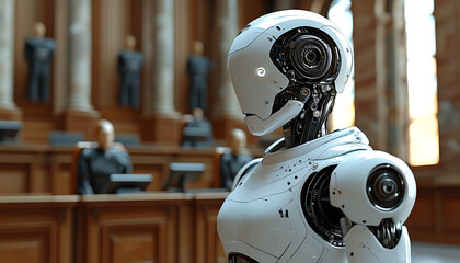 Fototapeta premium Futuristic courtroom with robots, showcasing advanced technology and design