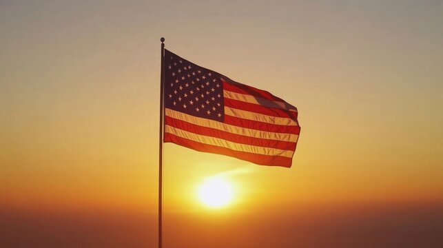 American Flag Against a Sunset Background