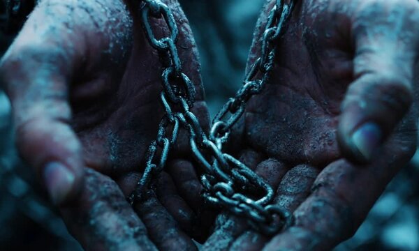 A hands with broken steel chains ,Freedom person broken chains Concept