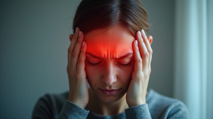 Woman Experiencing Headache with Hands on Forehead in Close-Up