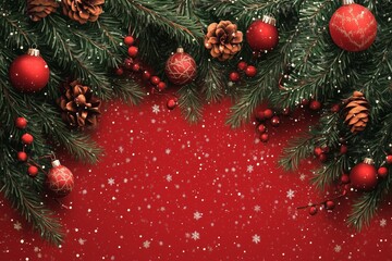 Christmas background with red color and pine branches