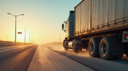Hyper-Realistic Cargo Truck Driving on Sunlit Highway at Sunset