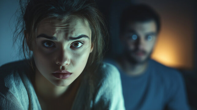 A feared, scared girl in front of her boyfriend in dark background. fear love, divorce, sex problem concept. 