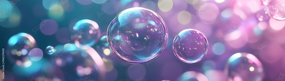 Poster iridescent soap bubbles with bokeh background
