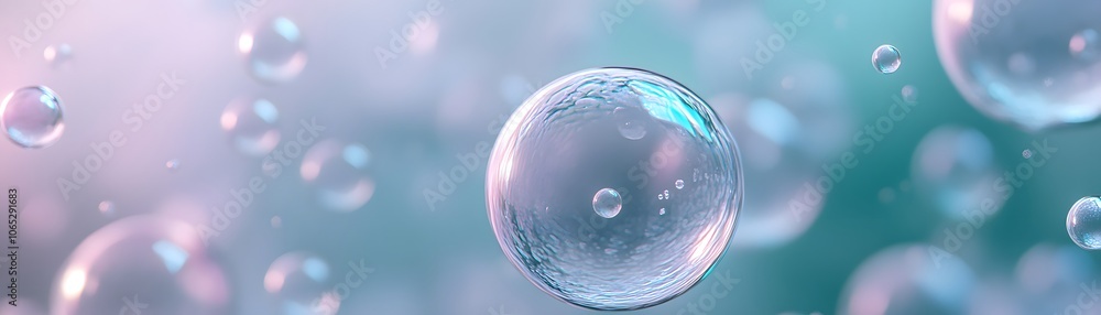 Poster a single large transparent bubble floating in front of a blurred background of smaller bubbles