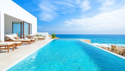 Fototapeta premium Luxury villa with infinity pool, sunbeds, breathtaking ocean view. Perfect for summer vacation.