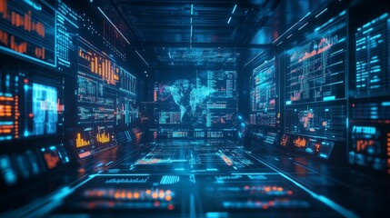 Futuristic Data Center Interior with World Map Display