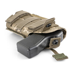 Holster for weapons. Handgun in a holster on a white background. Tactical military equipment.
