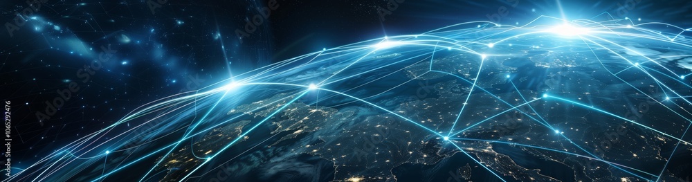Aufkleber A stunning visualization of global network connectivity showing a digital network of interconnected lines and points over Earth from space. Representing technology, communication, and data exchange.