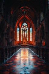 Obraz premium Impressive church interior featuring stained glass windows and empty pews