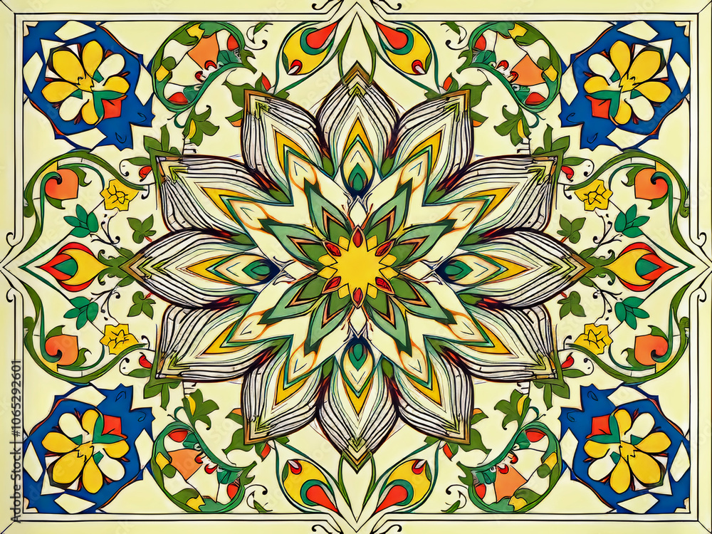 Wall mural A colorful flower patterned design with a yellow sun in the center. The design is very intricate and detailed, with many different colors and shapes. Scene is one of beauty and elegance