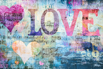 Obraz premium A vibrant design showcases large hearts and the word love surrounded by musical notes against a textured, colorful background, conveying a joyful message
