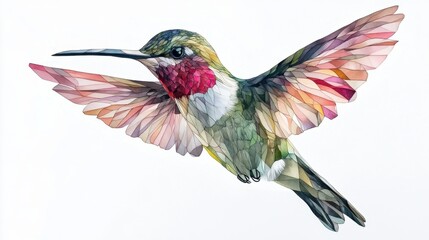 Fototapeta premium Hummingbird in flight with triangular feathers, in hues of olive green and rose pink 