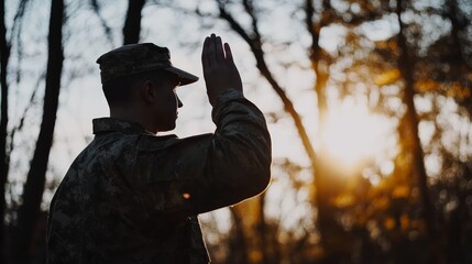 Obraz premium Silhouette of a Soldier Saluting at Sunset in a Forest
