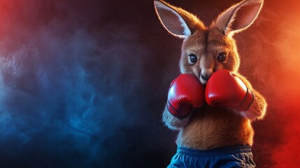 A kangaroo in boxing stance with red gloves, ready for action amidst dramatic lighting and smoke