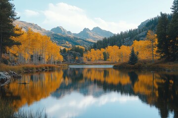 Fototapeta premium Golden aspen trees reflecting in a mountain lake during autumn