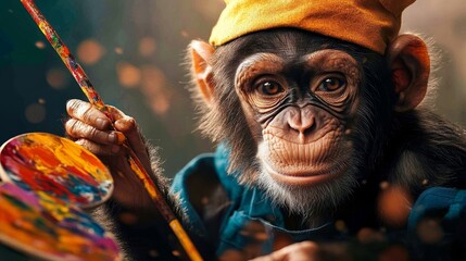 A creative chimpanzee holding a paintbrush and palette, immersed in artistic expression