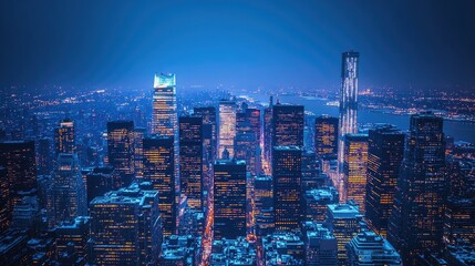 New york city skyline illuminating night with one world trade center prominently displayed