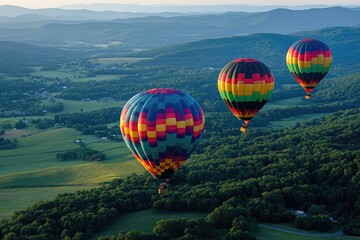 Naklejka premium Hot air balloons soaring over green landscape