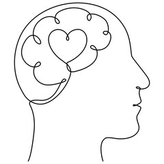 Human brain and heart inside head continuous one line drawn. Rationality with emotions connection concept. Psychology balance symbol. Vector illustration isolated on white.