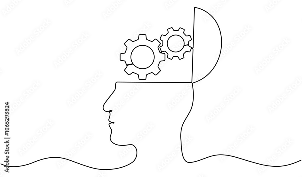 Poster head with gear wheel inside. cogwheel continuous one line drawing. robot symbol. moving linear cog g