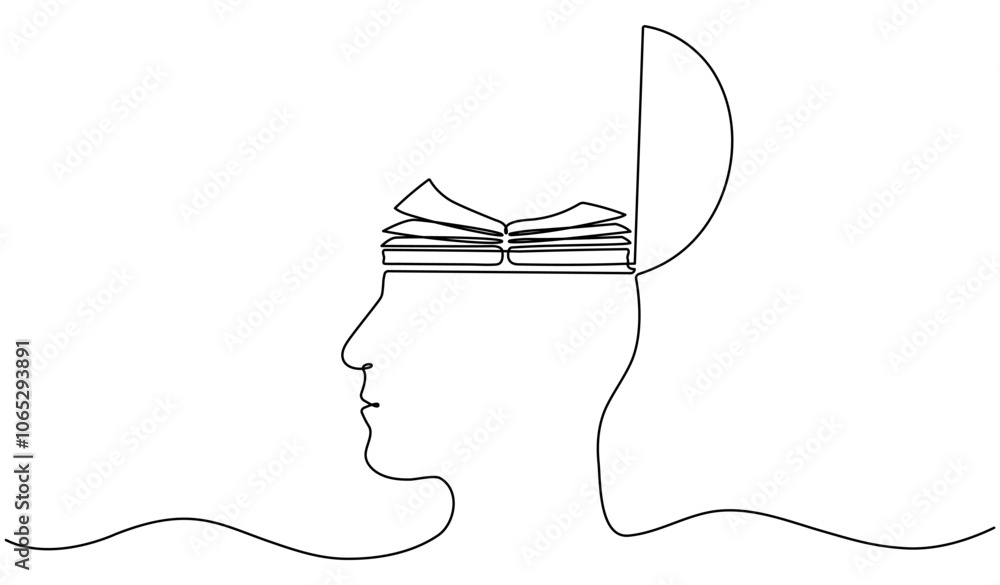 Poster continuous line drawing open book inside head. education linear symbol. creative idea process concep