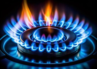 Closeup of Natural Gas Flame with Double Exposure Effect, Blue Flames on Dark Background, Gas Stove Burner, Captivating and Abstract Imagery for Creative Projects