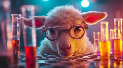 A sheep wearing glasses is surrounded by test tubes in a laboratory, embodying a whimsical scientific theme