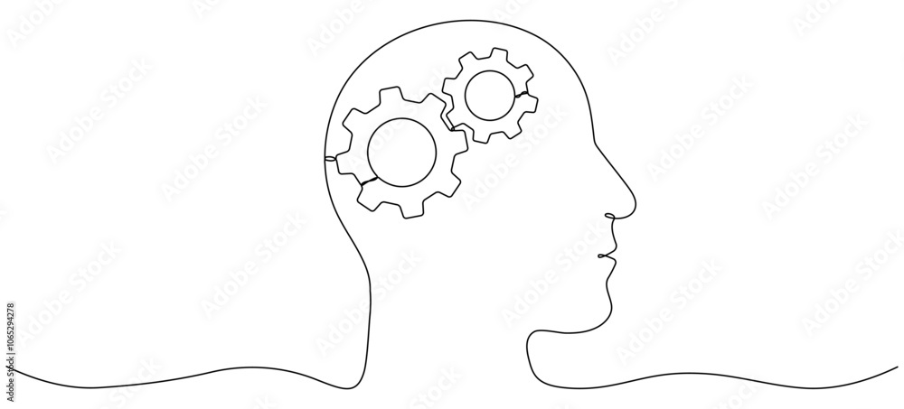 Aufkleber head with gear wheel inside. cogwheel continuous one line drawing. robot symbol. moving linear cog g