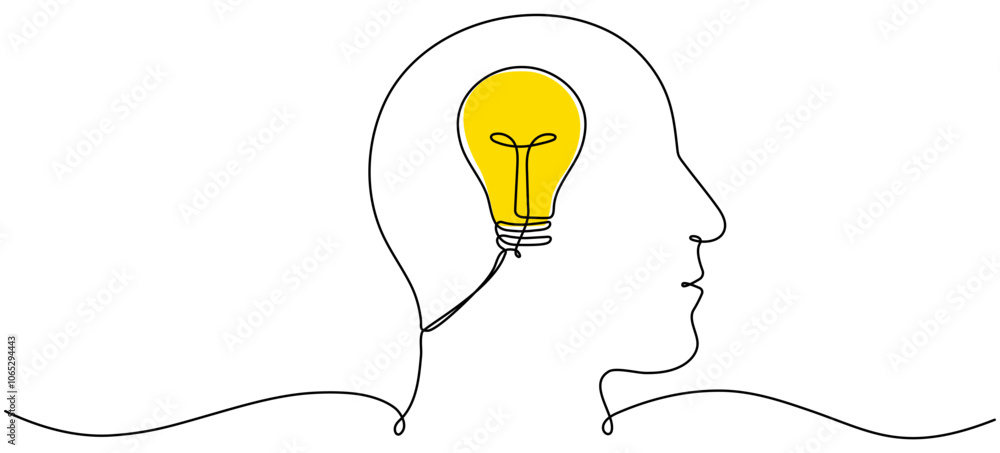 Poster continuous line drawing head with yellow light bulb. thinking linear symbol. creative idea concept. 