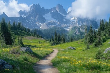 Fototapeta premium Hiking trail winding through wildflowers in majestic mountain meadow