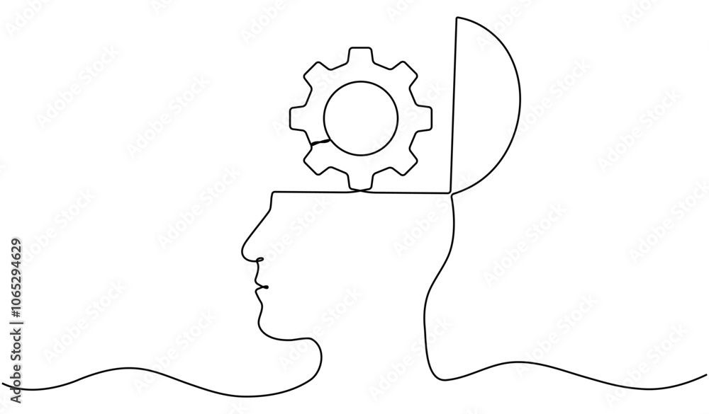 Poster head with gear wheel inside. cogwheel continuous one line drawing. robot symbol. moving linear cog g