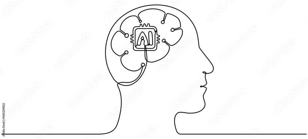 Poster linear robot head. continuous line drawing head with artificial intelligence technology brain. vecto