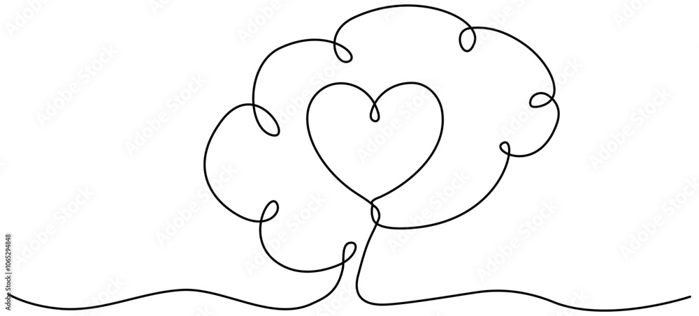 Poster human brain and heart inside continuous line drawing. rationality with emotions connection concept. 