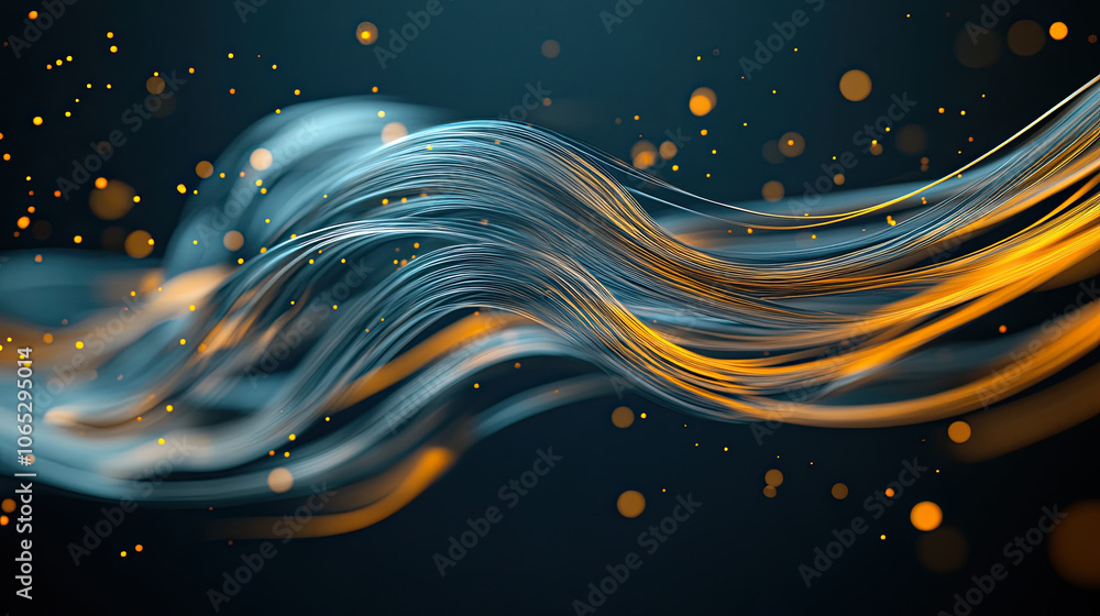 Poster dynamic abstract image featuring flowing lines in blue and orange, creating sense of movement and en