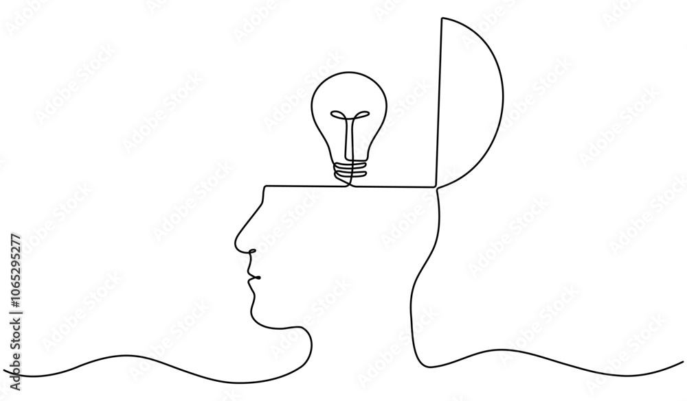Poster continuous line drawing open head with light bulb. thinking linear symbol. create idea concept. vect