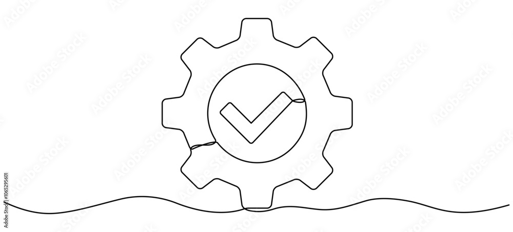 Poster gear wheel with check mark continuous one line drawing. moving linear cog gear.approved sign. vector